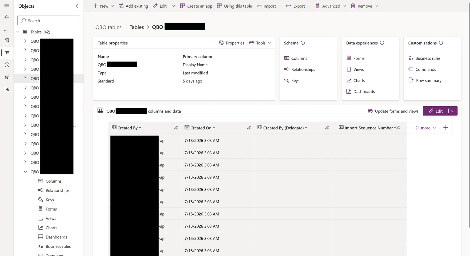 Dataverse table designer showing the QBO mirror tables and columns