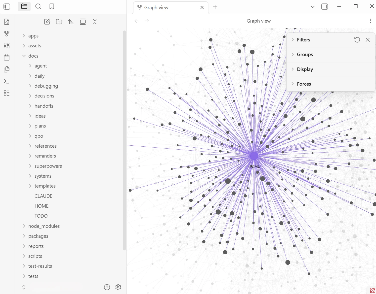 Obsidian graph view of the knowledge base, hundreds of linked notes radiating from a central hub