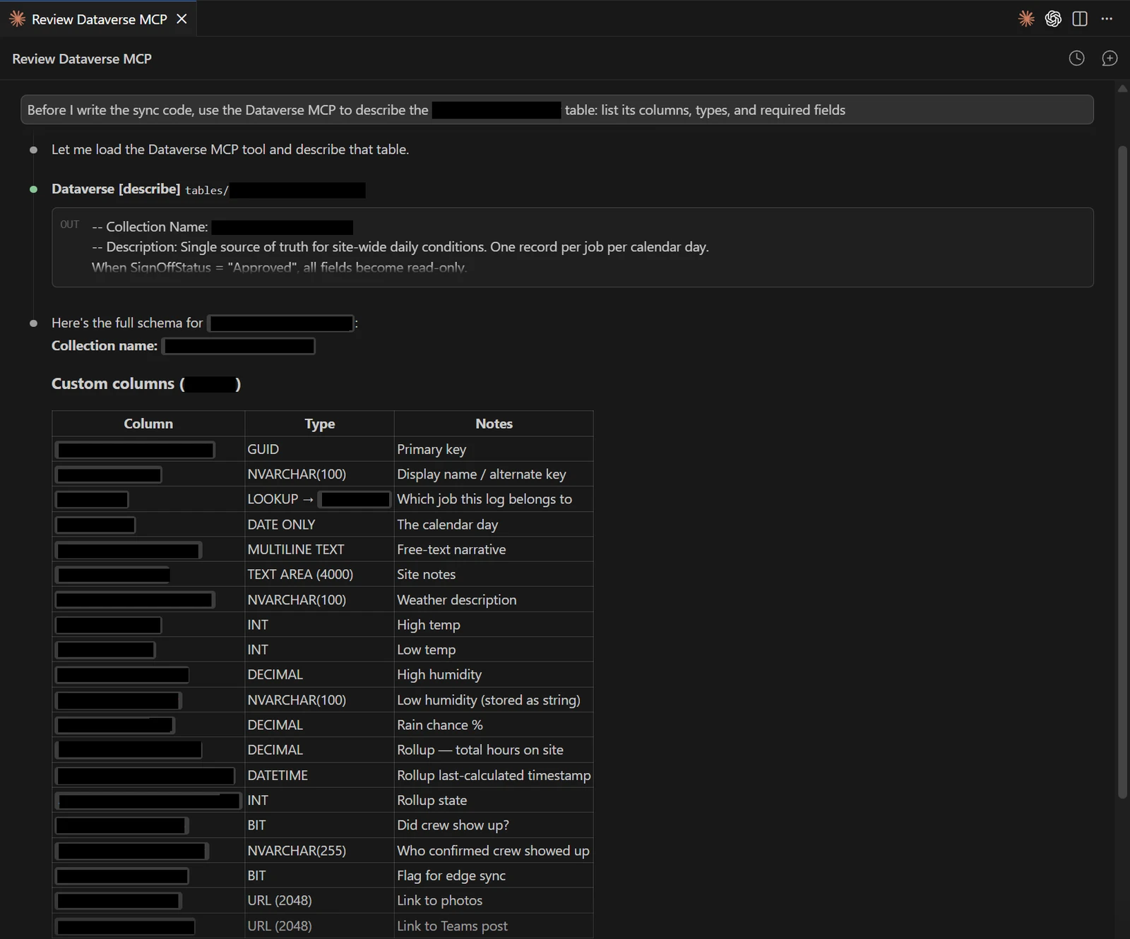 Claude Code using the Dataverse MCP to describe a table's live schema