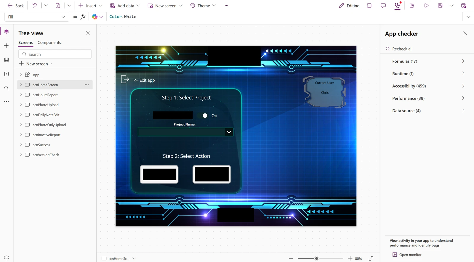 Previous field app, wide desktop-style layout