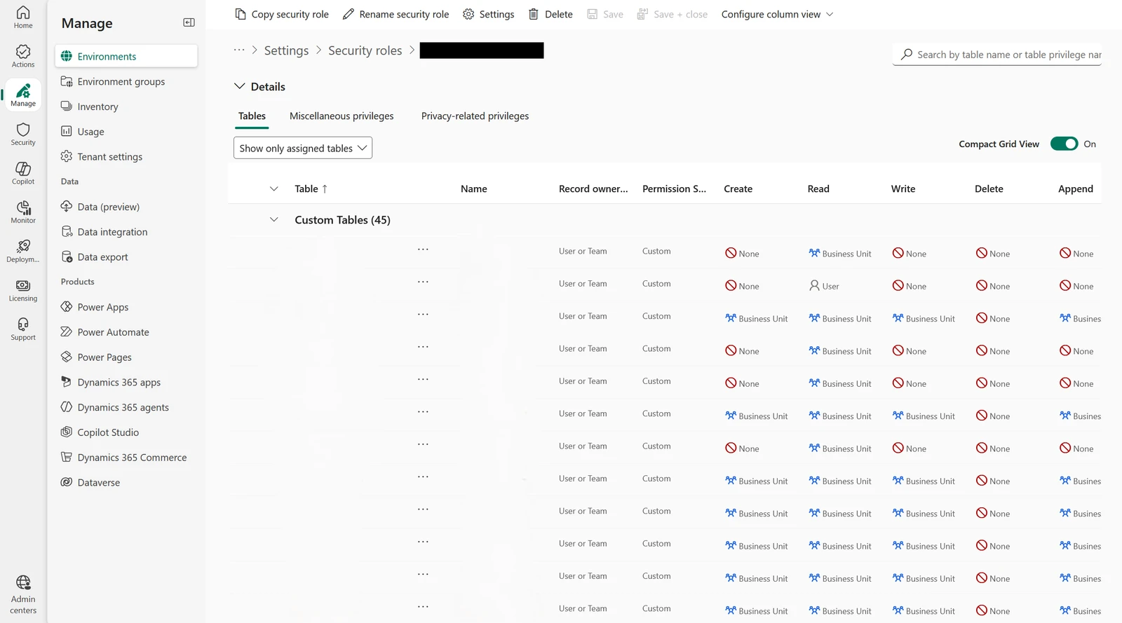 Dataverse security role privilege matrix across custom tables