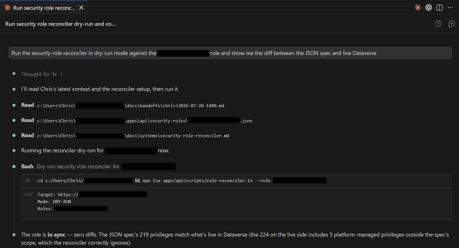 Security-role reconciler dry-run reporting the role in sync with the JSON spec